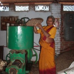 Shammamma heads a women’s collective that has created a factory that presses oil from neem seeds for sale as an organic pesticide.