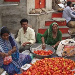 Rajiben sells produce at a market in the city of Ahmedabad.